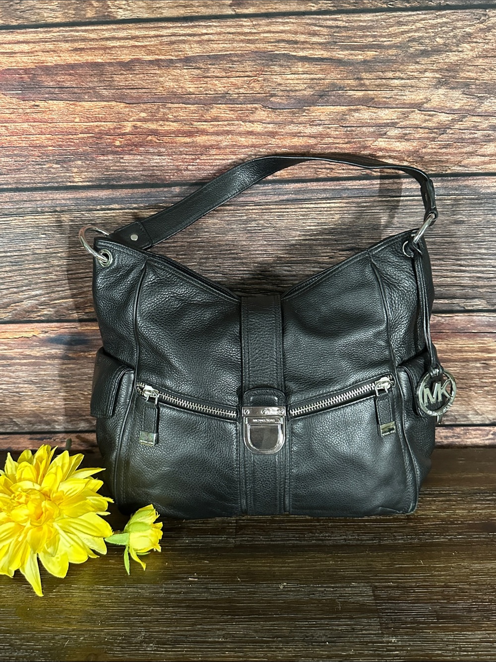 Michael Kors Addie Black Leather Shoulder Bag with Silver Hardware